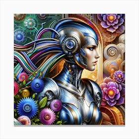 Surreal Cyborg Queen With Flowers. Canvas Print