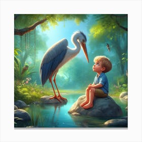 Little Boy And Stork Canvas Print