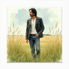 Watercolor Portrait Of Keanu Reeves In A Tranquil Field Of Tall Grass Canvas Print