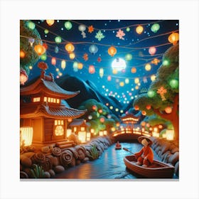 Asian Village At Night Canvas Print