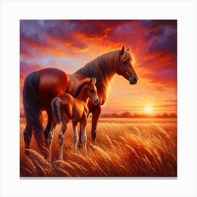 Horse And Foal At Sunset 11 Canvas Print