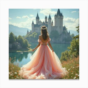 Gorgeous Woman In Watercolor Gown, Enchanting Castle Backdrop 1 Canvas Print