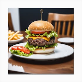 Hamburger On A Plate With Fries Canvas Print