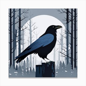 Crow In The Woods, Raven In The Forest, crow, crow in forest, crow in dark forest, bird in dark forest, black and grey, crow in moon Canvas Print