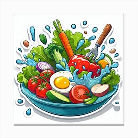 A Plate Of Food And Vegetables Sticker Top Splashing Water View Food 4 Canvas Print