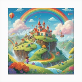 A playful and colorful children’s illustration of a fantasy world with cute characters, rolling hills, fluffy clouds, and a rainbow-filled sky. The scene is joyful and imaginative, full of fun details 3 Canvas Print