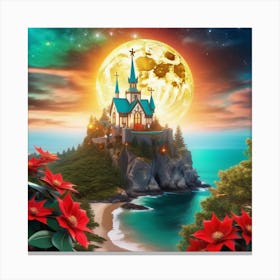 Christmas Castle With Poinsettias Canvas Print
