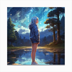 Anime Girl Looking At The Night Sky Canvas Print