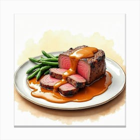 Watercolor Art Of A Classic And Flavorful Roast Beef With Gravy On A Stylish Dining Table Canvas Print