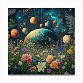 Cosmic Eden Celestial Blooms Amidst Planetary Constellations Canvas Print
