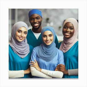 A group of four diverse healthcare professionals, including two black women, one Arab woman, and one black man, all wearing blue surgical scrubs and hijabs, standing together in a hospital setting. The black man is wearing a blue surgical cap, and the three women are wearing white surgical caps. They are all smiling and looking at the camera. Canvas Print