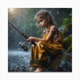 Little Girl Fishing In The Rain 4 Canvas Print