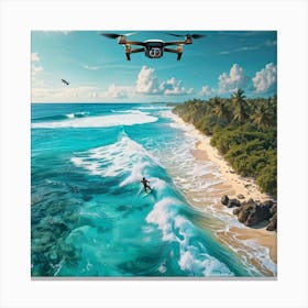 Drone View Capturing A Surfer Catching A Wave Near A Sandy Coastline Vibrant Turquoise Lagoon In Th (1) Canvas Print