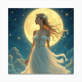 Elegant Goddess With A Moonlit Aura, Watercolor 1 Canvas Print