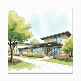 Watercolor Portrayal Of A Care Facility With A Nurturing, Calm Atmosphere For Healing 1 Canvas Print