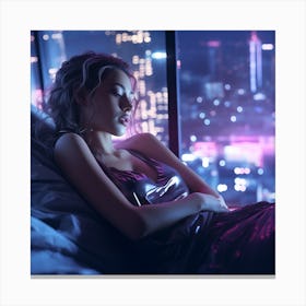 Young Woman Sleeping In Bed At Night Cyberpunk style Canvas Print