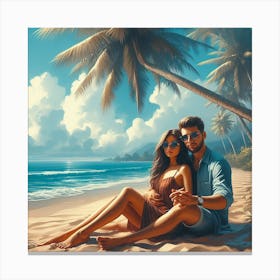 Couple of lovers under Palm tree 2 Canvas Print