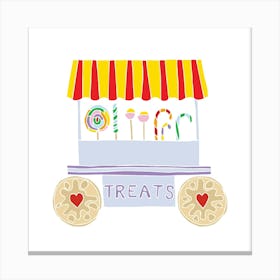 Candy Cart Treat Wagon with Jammy Dodger Wheels, Fun Circus Animal, Cake, Biscuit, Sweet Treat Print, Square Canvas Print