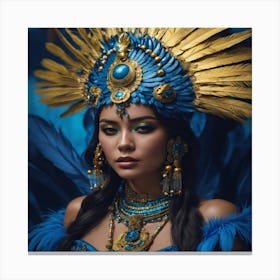 Beautiful Woman In Blue Feathers Canvas Print