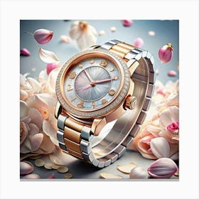 Diamond Encrusted Gold Watch With White Flowers 1 Canvas Print