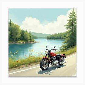 Retro Motorcycle On A Tranquil Lakeside Road Watercolor 1 Canvas Print