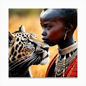 Girl With A Leopard in Savannah Canvas Print