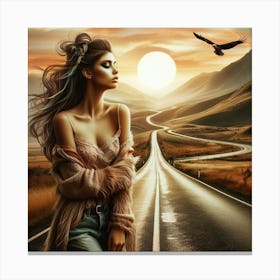 Beautiful Woman On The Road At Sunset Canvas Print