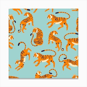 Tiger Pattern On Blue Square Canvas Print