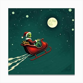 Green Alien Santa in Red Sleigh - Illustration Canvas Print