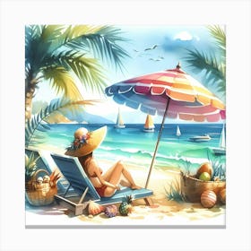 Watercolor Girl Relaxing On The Beach Canvas Print