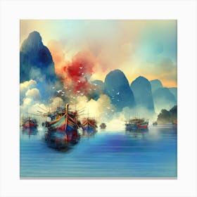 Sea Boats Blue Water Artwork Painting Square Canvas Print