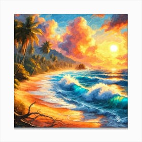 Oil Texture Tropical Beach At Sunset 4 Canvas Print