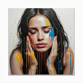 Portrait of a woman crying with tears of paint, glossy painting 3 Canvas Print