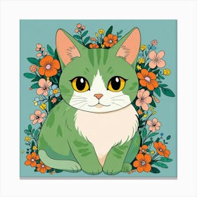 Green Cat With Flowers 3 Canvas Print