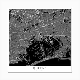 Queens Black And White Map Square Canvas Print