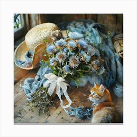 There Is A Rustic Atmosphere On The Old Floor There Is A Bouquet Of Scottish Thistles Light Blue 793962442(3) Canvas Print