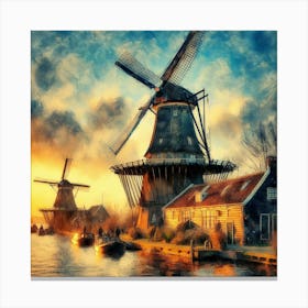 Sketching Amsterdam S Windmills At Sunset, Capturing The Essence Of Dutch Life Style Windmill Sunset Impressionism (4) Canvas Print
