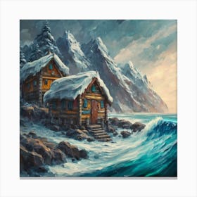 Acrylic and impasto pattern, mountain village, sea waves, log cabin, high definition, detailed geometric 8 Canvas Print