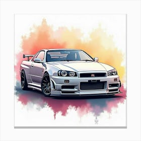 Nissan Gt R R34 In A Colorful, Watercolor Scene, No Logo Or Signature Canvas Print