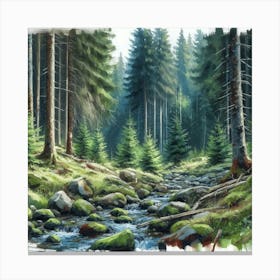 Forest Stream, Watercolor Painting Style Canvas Print