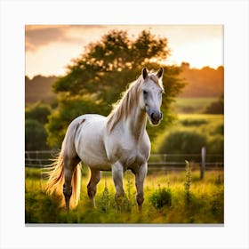 White Horse In The Field At Sunset Canvas Print