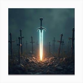 A Glowing Sword Floating In A Field Of Ancient, Broken Weapons 1 Canvas Print