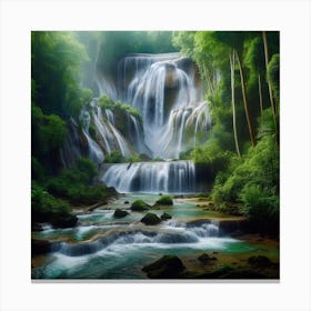 A majestic waterfall flowing through a lush rainforest2 Canvas Print