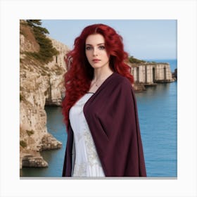 goddess from the future, dark red hair, dark blue eyes, ancient style, model, full body, portrait, 8k resolution, linen outfit, hyperdetailed, greg rutkowski, ancient Greek temple near the sea background Canvas Print