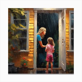 Mother And Daughter In The Rain Canvas Print