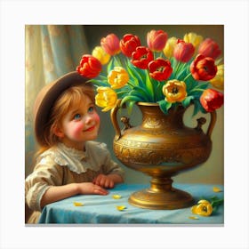 Little Girl With Tulips Canvas Print