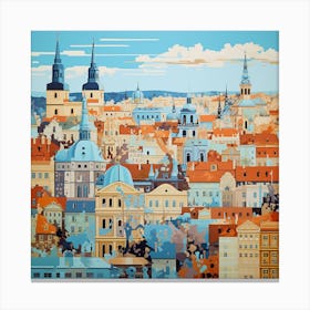 Prague Cityscape In The Style Of Light Teal Canvas Print