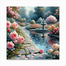 Roses In The Garden With The Fountain, Acrylic Style Painting 6 Canvas Print