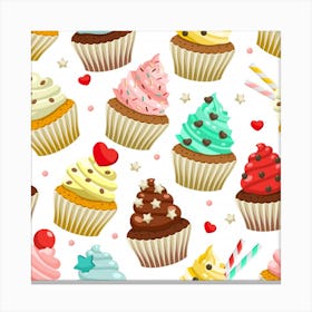 Seamless Pattern Yummy Colored Cupcakes Canvas Print