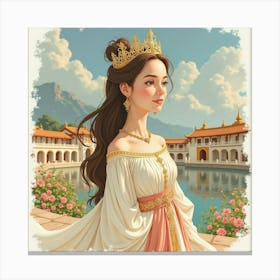 Graceful Empress With Watercolor Serene Palace 1 Canvas Print